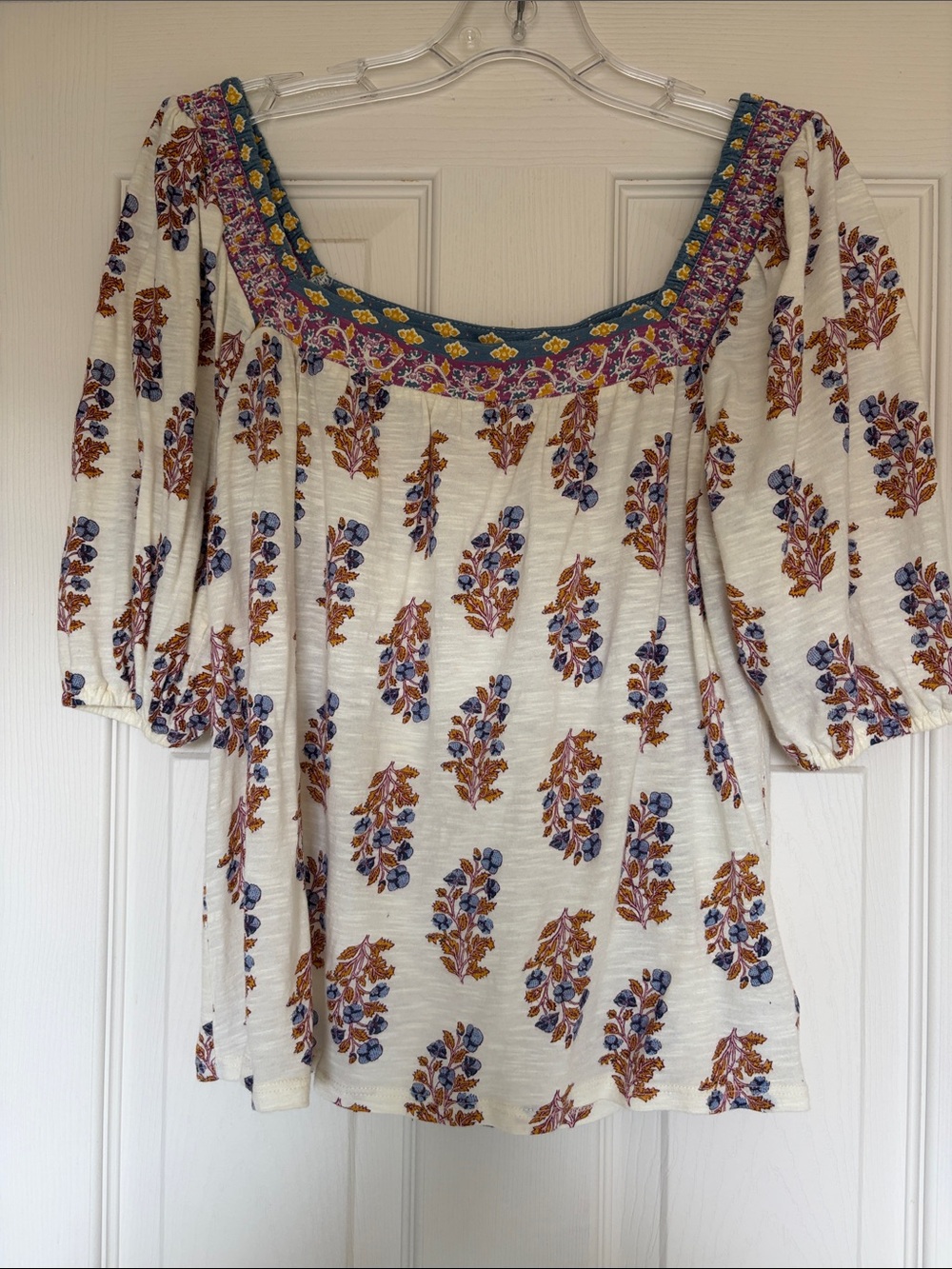 Lucky Brand Cream Off-Shoulder Floral Blouse with Embroidered Neckline